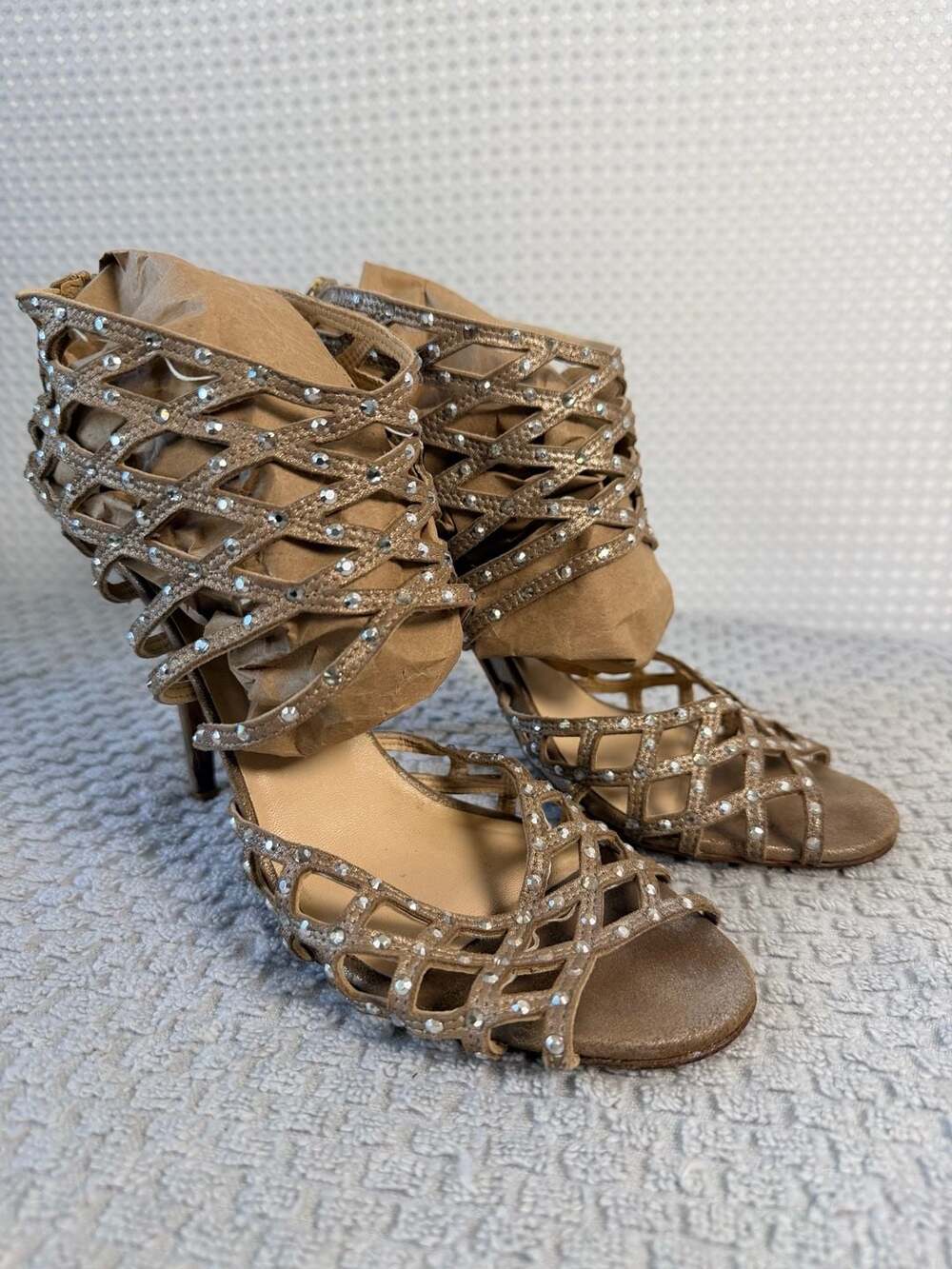 Jimmy Choo Beige Gold Suede Rhinestone Caged Stiletto Sandals Sz 9 - Picture 3 of 12